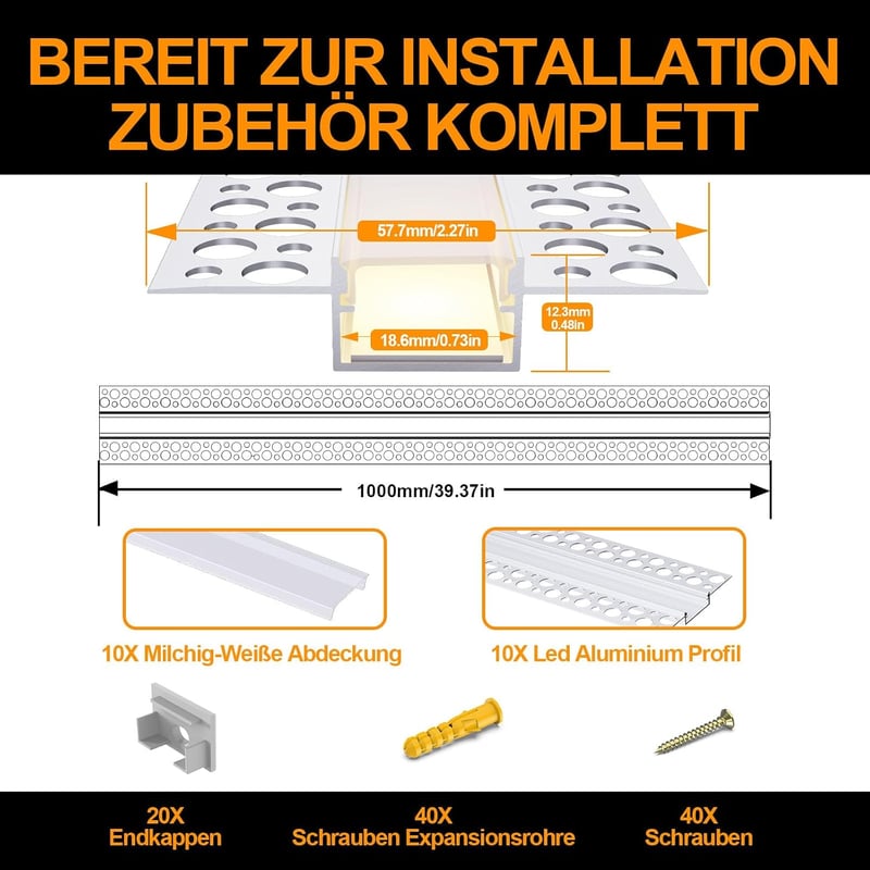 Chesbung LED Gipszkarton Profil 18mm Szalaghoz, 10x1m Alumínium Csatorna Fehér Diffúzorral