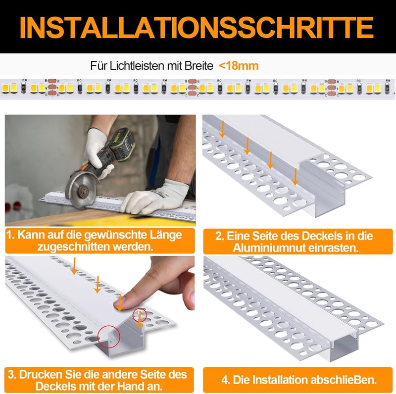 Chesbung LED Gipszkarton Profil 18mm Szalaghoz, 10x1m Alumínium Csatorna Fehér Diffúzorral
