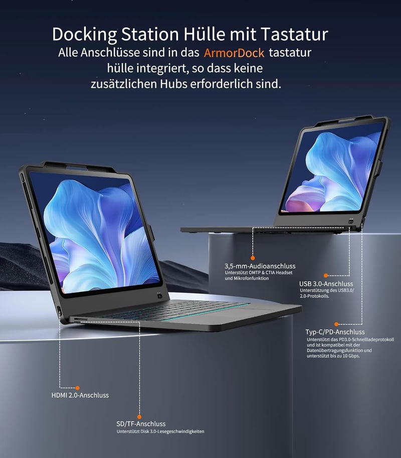 CHESONA ArmorDock iPad Pro 12.9 tok 6az1-ben hub dokkolóállomás billentyűzettel