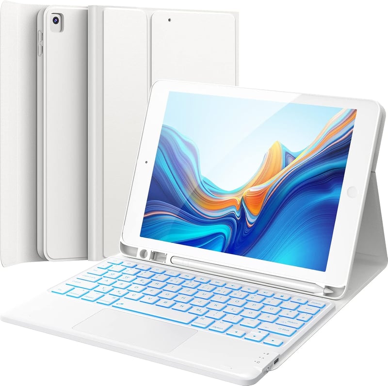 CHESONA iPad 10.2 9 8 7 billentyűzettel tok 7 színű világítás 2 BT csatorna tölthető levehető QWERTZ fehér