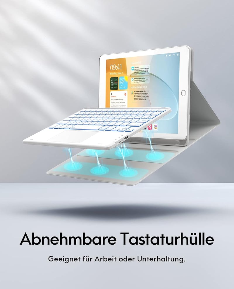 CHESONA iPad 10.2 9 8 7 billentyűzettel tok 7 színű világítás 2 BT csatorna tölthető levehető QWERTZ fehér