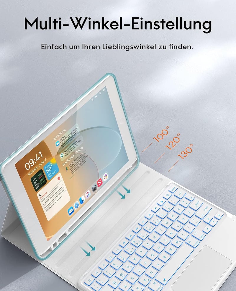 CHESONA iPad 10.2 9 8 7 billentyűzettel tok 7 színű világítás 2 BT csatorna tölthető levehető QWERTZ fehér