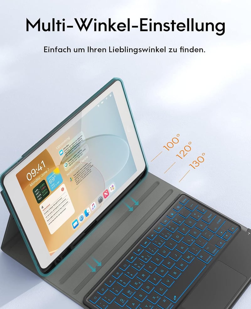 Husă cu tastatură detașabilă CHESONA pentru iPad 10.2 9/8/7, QWERTZ, reîncărcabilă, iluminare de fundal în 7 culori, 2 canale BT, negru