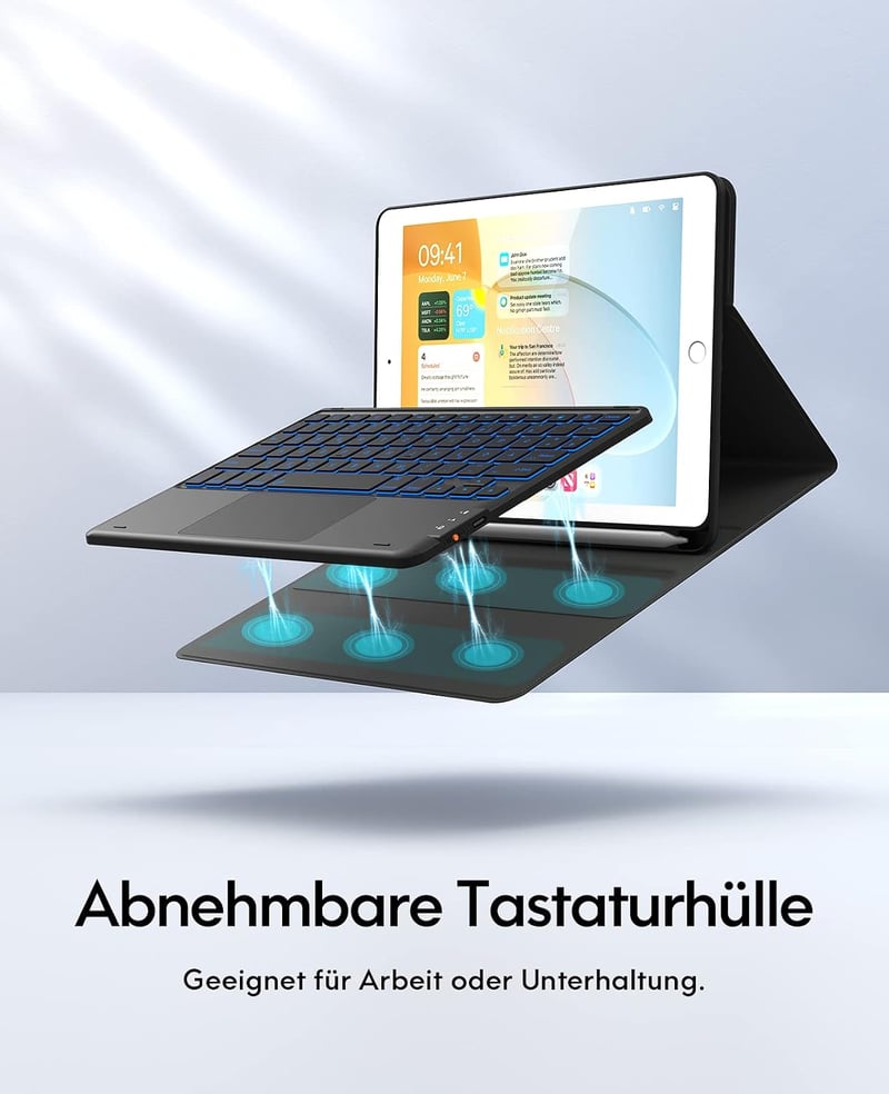 Husă cu tastatură detașabilă CHESONA pentru iPad 10.2 9/8/7, QWERTZ, reîncărcabilă, iluminare de fundal în 7 culori, 2 canale BT, negru