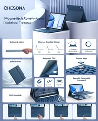 Puzdro s klávesnicou CHESONA pre iPad 10. a 11. generácie (2022/2025), 7-farebné podsvietenie, Multi-Touch trackpad, 2 Bluetooth kanály, 11 palcov, námornícka modrá 3