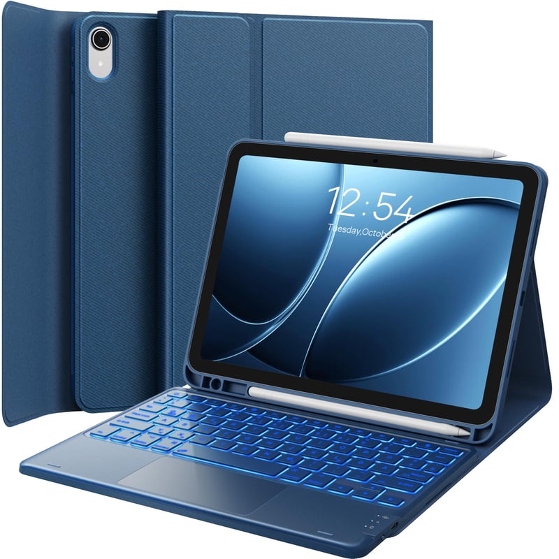 Puzdro s klávesnicou CHESONA pre iPad 10. a 11. generácie (2022/2025), 7-farebné podsvietenie, Multi-Touch trackpad, 2 Bluetooth kanály, 11 palcov, námornícka modrá