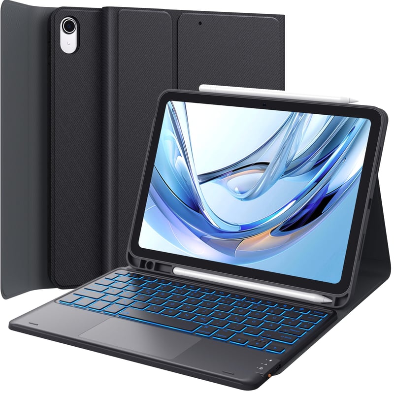 CHESONA puzdro s klávesnicou pre iPad 10. generácie (10,9", 2022), 7-farebné podsvietenie, Multi-Touch trackpad, držiak na ceruzku, Bluetooth, čierne