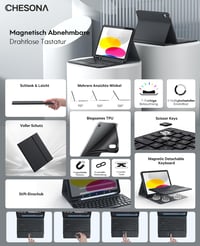 CHESONA puzdro s klávesnicou pre iPad 10. generácie (10,9", 2022), 7-farebné podsvietenie, Multi-Touch trackpad, držiak na ceruzku, Bluetooth, čierne 3