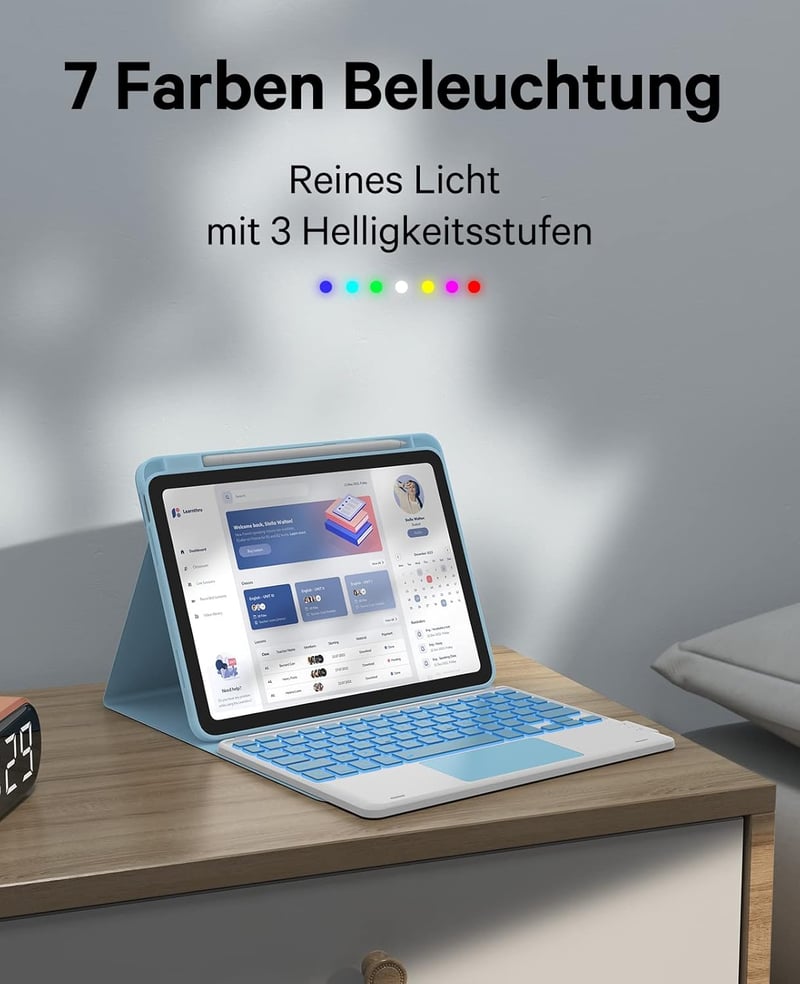 CHESONA iPad 10 generációs tok billentyűzettel, érintőpad, 7 színű LED, 2 csatorna, QWERTZ, kék