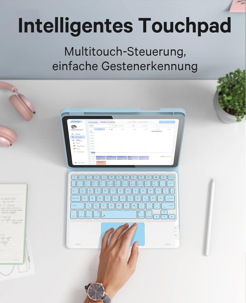 CHESONA iPad 10 generációs tok billentyűzettel, érintőpad, 7 színű LED, 2 csatorna, QWERTZ, kék