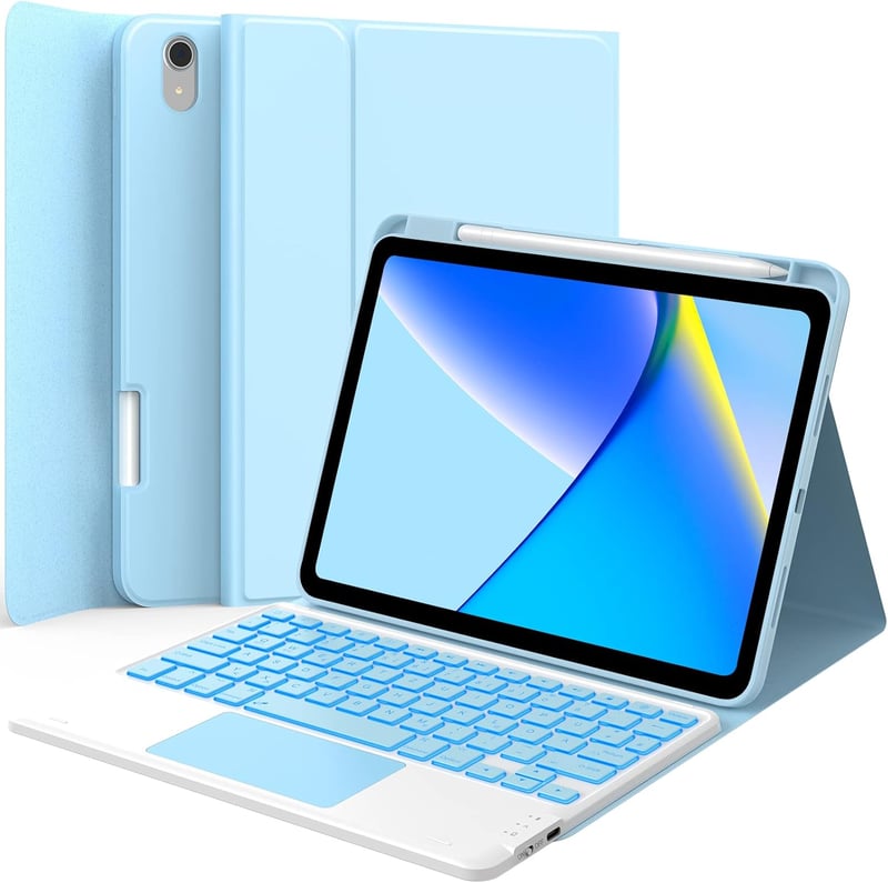 CHESONA iPad 10 generációs tok billentyűzettel, érintőpad, 7 színű LED, 2 csatorna, QWERTZ, kék