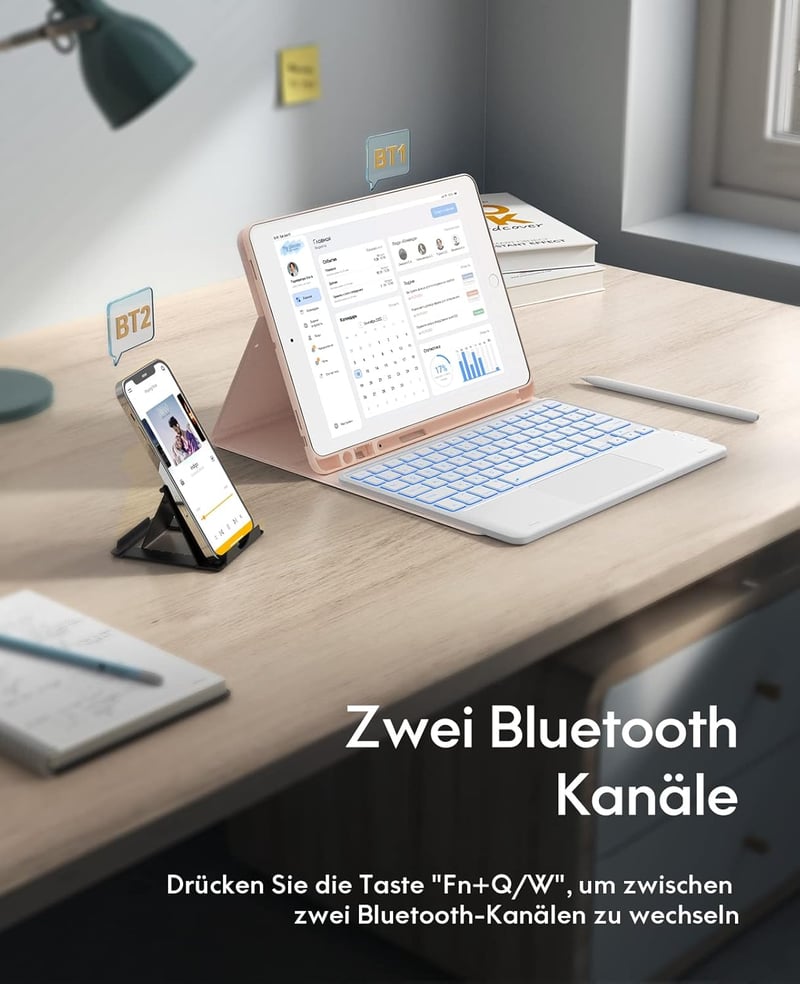 CHESONA iPad 9/8/7 Tok Billentyűzettel, 10.2" Érintőpad, 7 Szín LED, Vezeték Nélküli, Rózsaszín