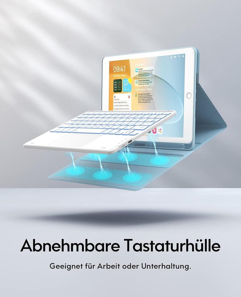 CHESONA iPad 9. generációs tok billentyűzettel, 7 szín LED, QWERTZ, kék
