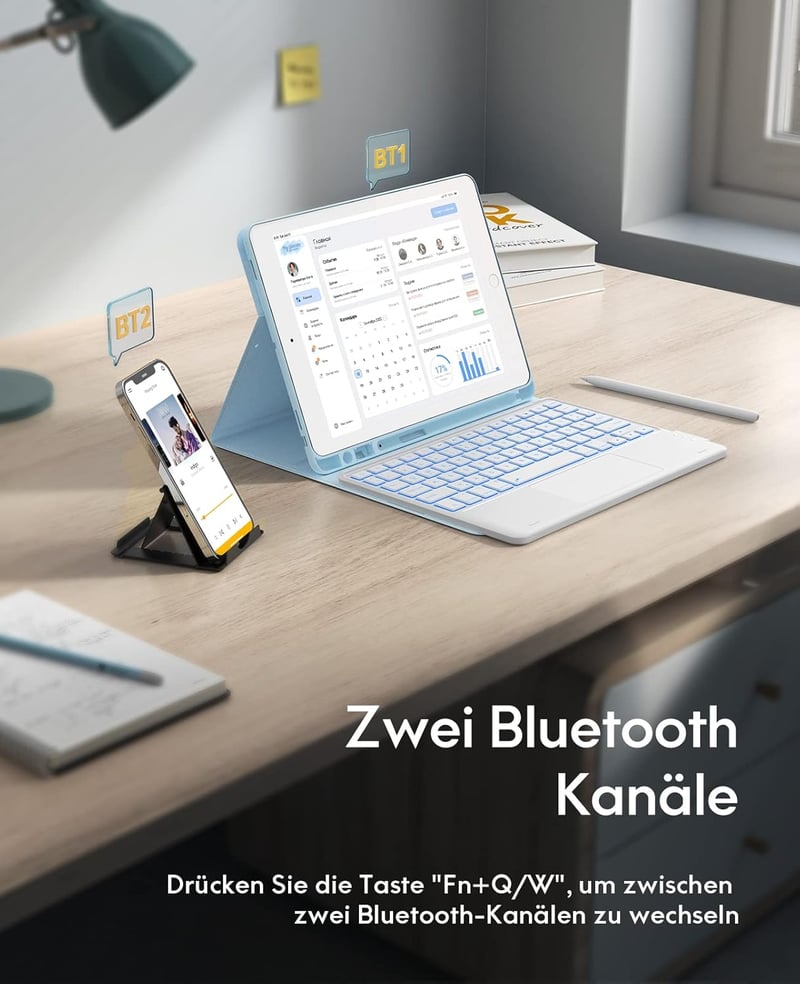 CHESONA iPad 9. generációs tok billentyűzettel, 7 szín LED, QWERTZ, kék