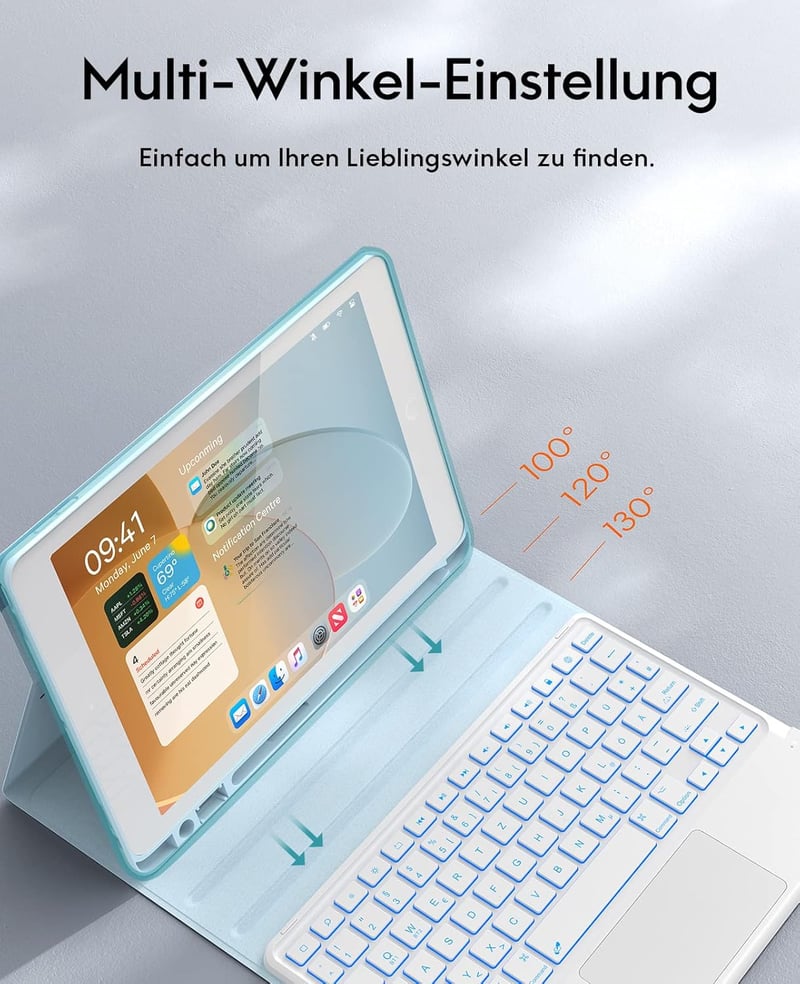 CHESONA iPad 9. generációs tok billentyűzettel, 7 szín LED, QWERTZ, kék