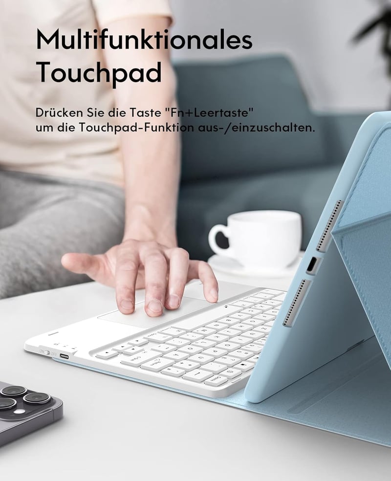 CHESONA iPad 9. generációs tok billentyűzettel, 7 szín LED, QWERTZ, kék