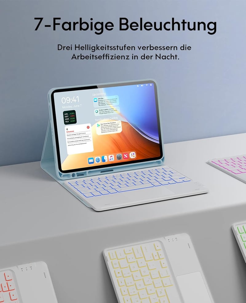 CHESONA iPad Pro 11 Air tok billentyűzettel, 7 szín LED, 2 csatorna Bluetooth, kék