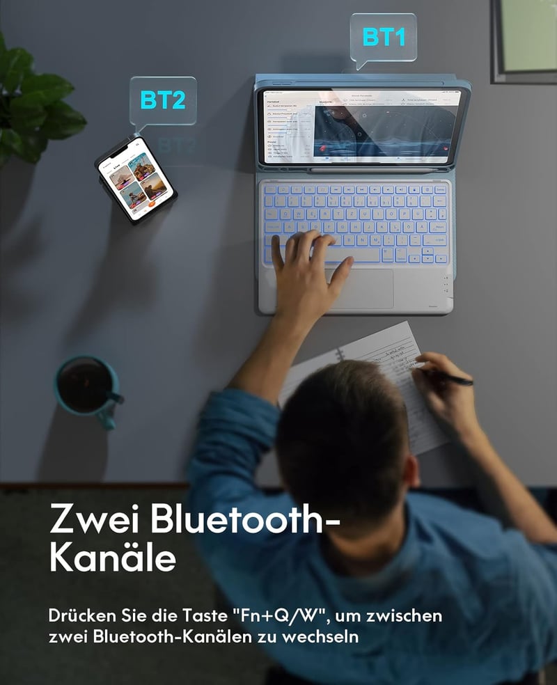CHESONA iPad Pro 11 Air tok billentyűzettel, 7 szín LED, 2 csatorna Bluetooth, kék