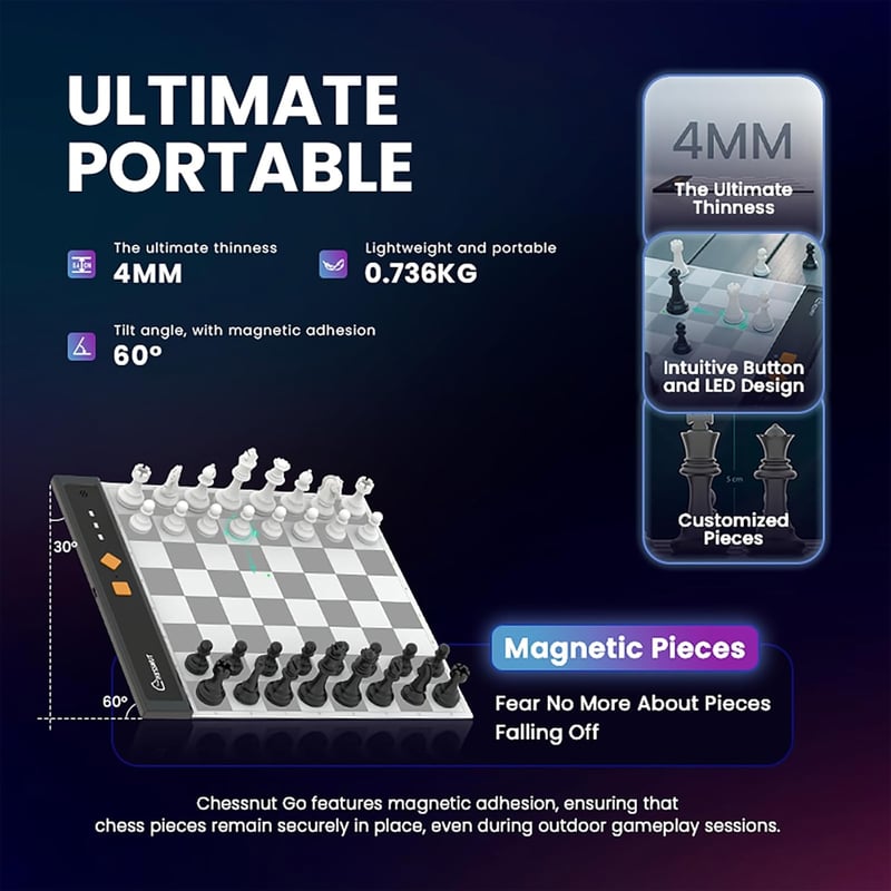 Chessnut Go Ultimate hordozható elektronikus sakkbábú mágneses rögzítéssel szürke