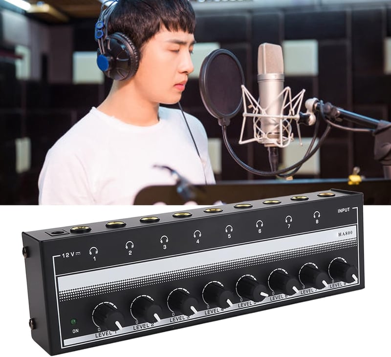 CHICIRIS Fejhallgató Erősítő, Fém Mini Sztereó Fejhallgató Amplifier 8 Csatornás Hordozható 100-240V