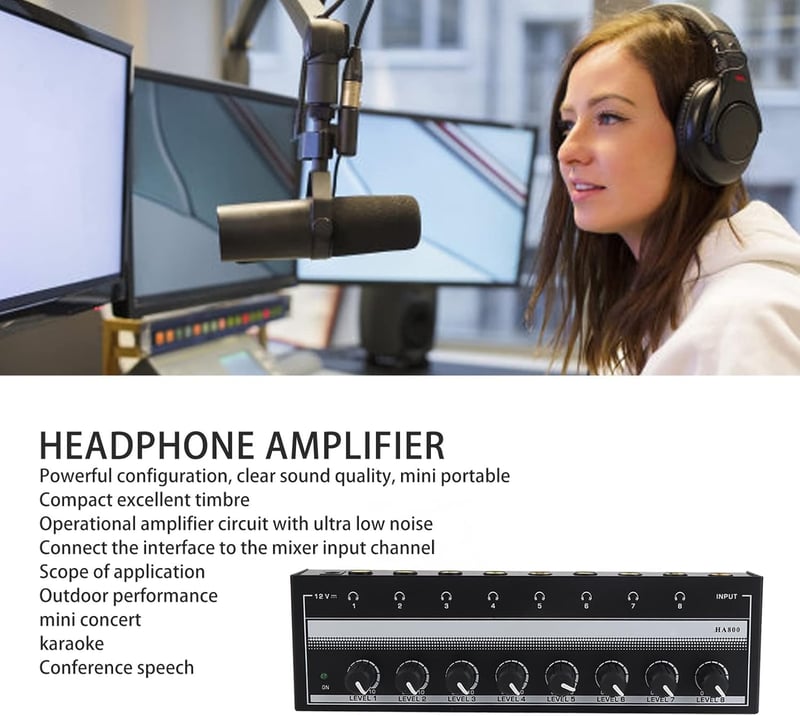 CHICIRIS Fejhallgató Erősítő, Fém Mini Sztereó Fejhallgató Amplifier 8 Csatornás Hordozható 100-240V