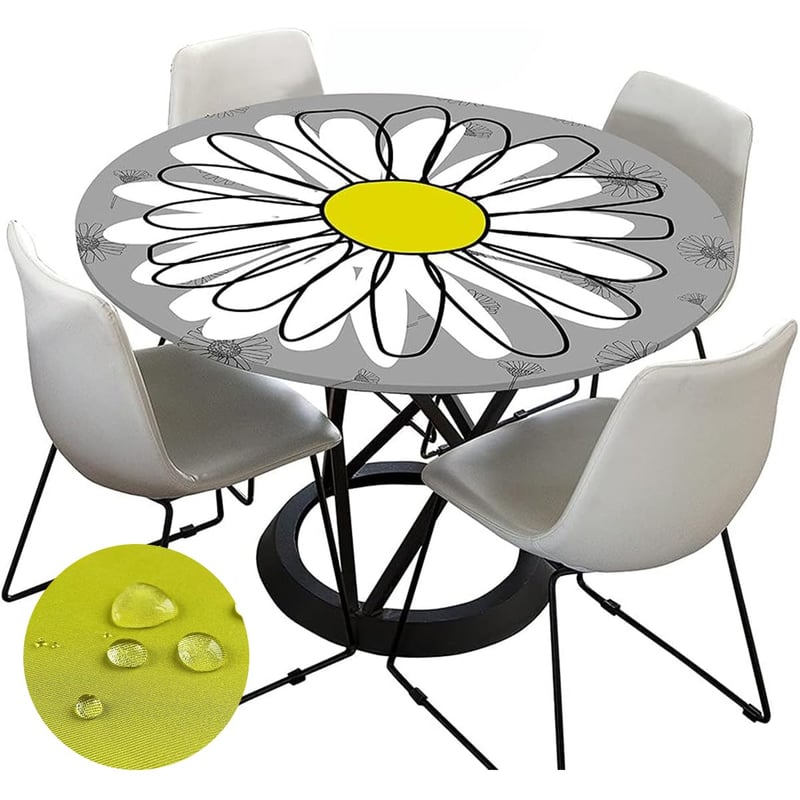 Chickwin-Shop Umývateľný okrúhly obrus 70 cm, elastický, s lotosovým efektom, 3D potlač, vzor sedmokrásky, vonkajší obrus do záhrady, reštaurácie, sivý, 50-60 cm