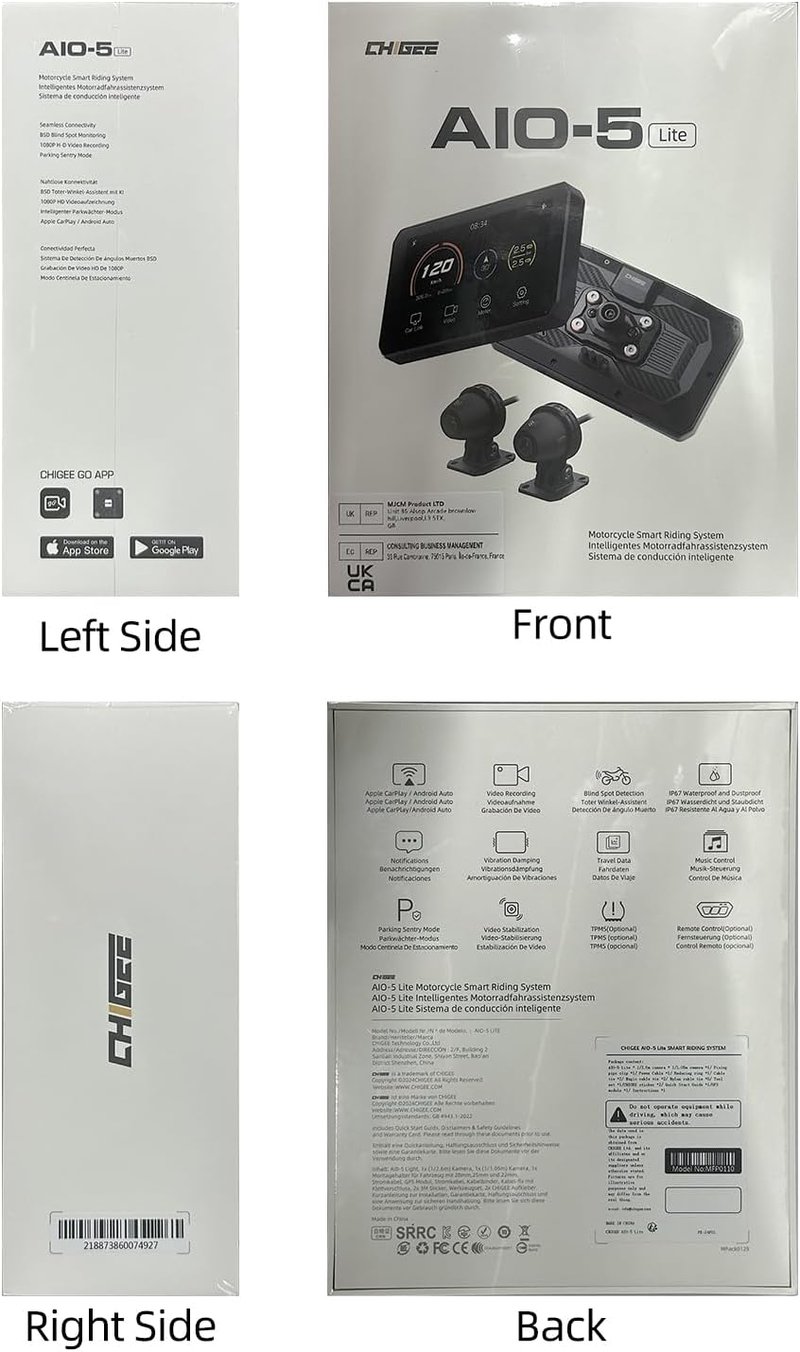 CHIGEE AIO-5 Lite Motorkerékpár CarPlay Android GPS Navigáció, BSD, 5" LCD, IP67 Vízálló szett