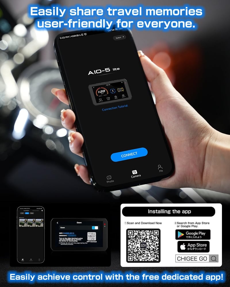 CHIGEE AIO-5 Lite Motorkerékpár CarPlay Android GPS Navigáció, BSD, 5" LCD, IP67 Vízálló szett