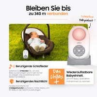 Prenosná detská pestúnka CHILLAX CB360 s 2 bezdrôtovými jednotkami, režimom VOX a Eco, snímačom teploty, dosahom 340 m, nočným svetlom, 5 uspávankami a 13-hodinovou výdržou batérie 4