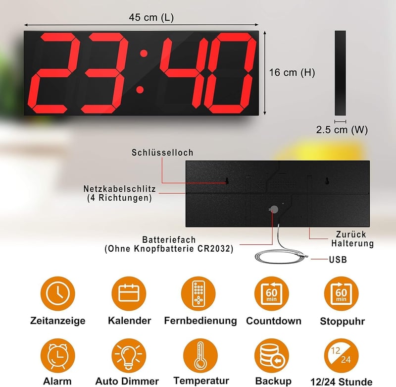 CHKOSDA Falióra LCD Kijelzővel, Visszaszámlálás, Távirányító, Automatikus Fényerő