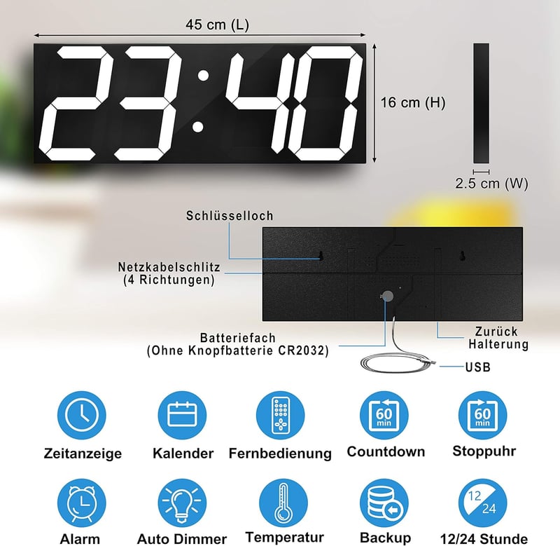 CHKOSDA Falióra LCD Kijelzővel, Visszaszámlálás, Távirányító, Automatikus Fényerő