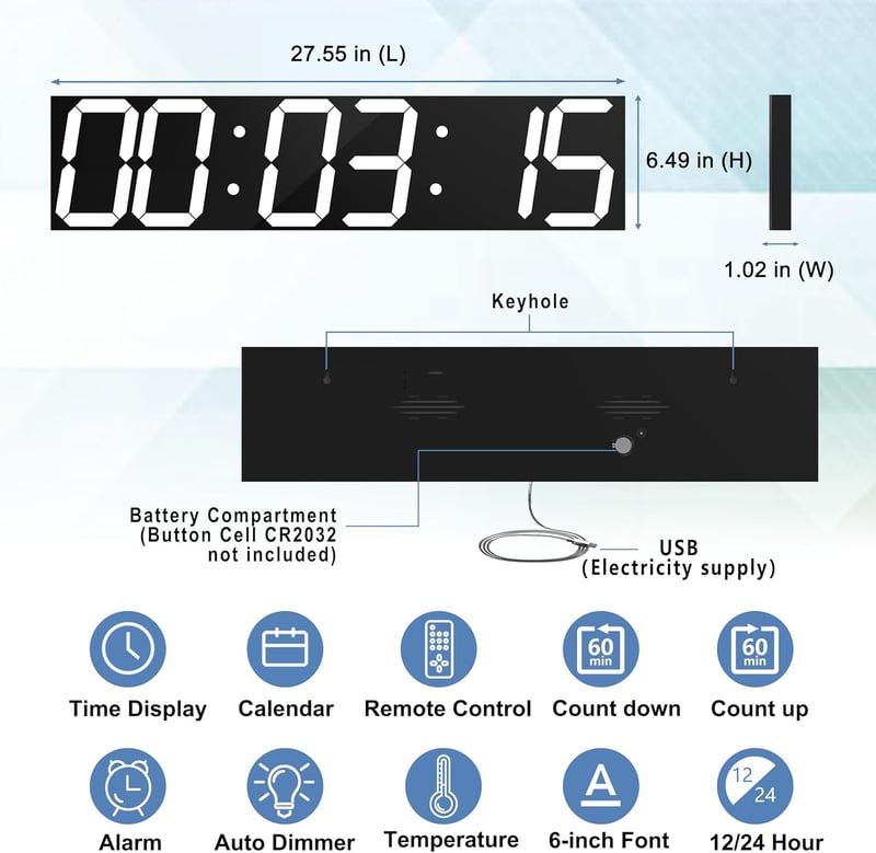 CHKOSDA Óriási LED Falióra Automatikus Dimmerrel, Távirányítós Számláló, 70cm Kijelző, Fehér