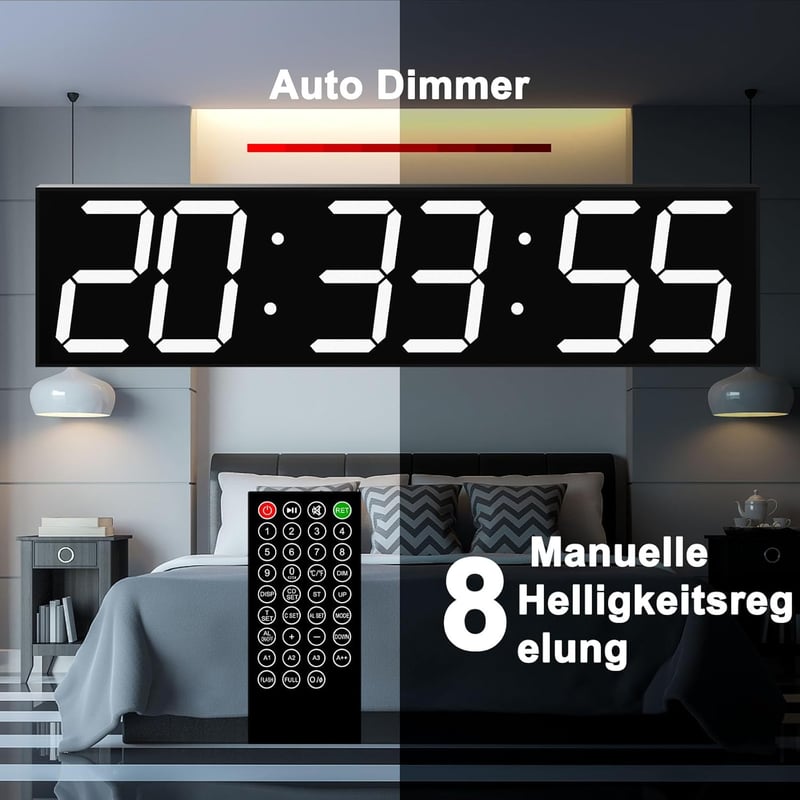CHKOSDA Óriási LED Falióra Automatikus Dimmerrel, Távirányítós Számláló, 70cm Kijelző, Fehér