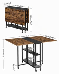 Masă de dining pliabilă CHOEZON DTCZ01BF cu 6 roți blocabile și 2 rafturi, masă de bucătărie mobilă pentru living, maro rustic și negru 3