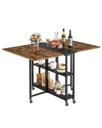 Masă de dining pliabilă CHOEZON DTCZ01BF cu 6 roți blocabile și 2 rafturi, masă de bucătărie mobilă pentru living, maro rustic și negru 1