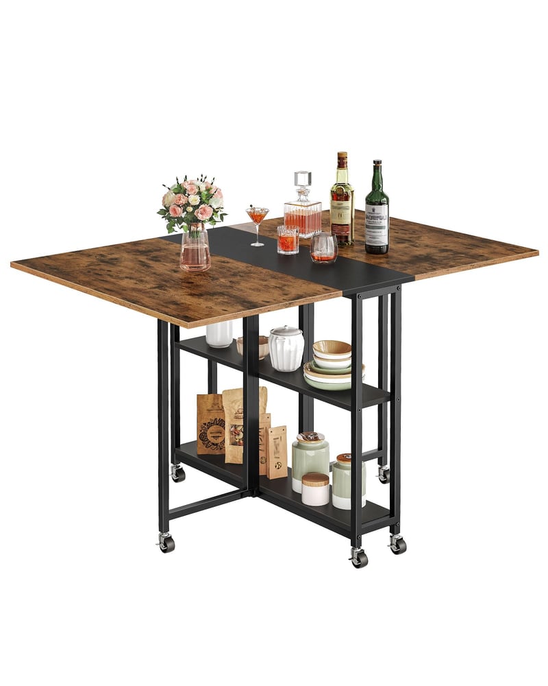 Masă de dining pliabilă CHOEZON DTCZ01BF cu 6 roți blocabile și 2 rafturi, masă de bucătărie mobilă pentru living, maro rustic și negru