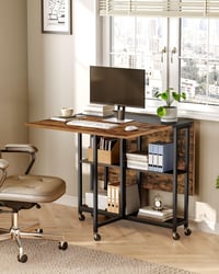 Masă de dining pliabilă CHOEZON DTCZ01BF cu 6 roți blocabile și 2 rafturi, masă de bucătărie mobilă pentru living, maro rustic și negru 4
