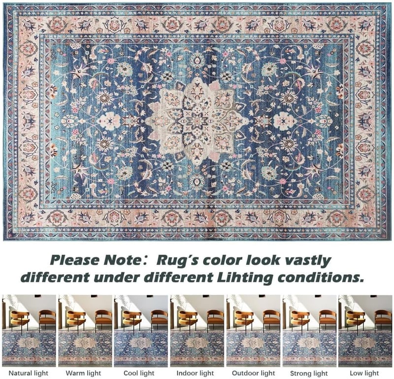 CHOSHOME Mosható Nappali Szőnyeg 160x230 cm - Kék Vintage Boho Mintás Mikroszálas Padlószőnyeg, Csúszásmentes Alacsony Szálú, Beltéri-Kültér