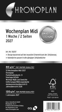 Chronoplan 50247 Napi Tervező 2027 Midi Naptárbetét 96x172 mm 1 Nap 1 Oldal Csere Naptár Időpontfüzet Organizer Univerzális Perforáció 1