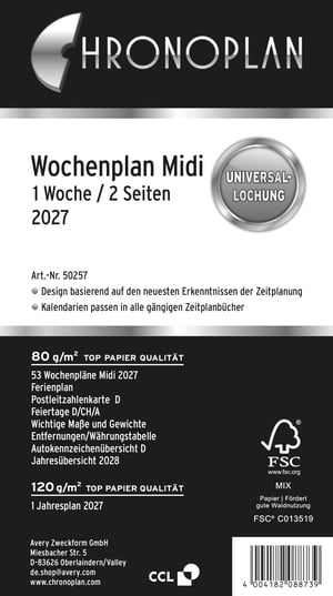 Chronoplan 50247 Napi Tervező 2027 Midi Naptárbetét 96x172 mm 1 Nap 1 Oldal Csere Naptár Időpontfüzet Organizer Univerzális Perforáció