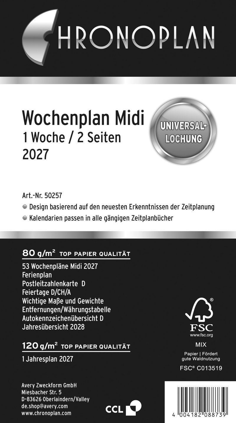 Chronoplan 50247 Napi Tervező 2027 Midi Naptárbetét 96x172 mm 1 Nap 1 Oldal Csere Naptár Időpontfüzet Organizer Univerzális Perforáció