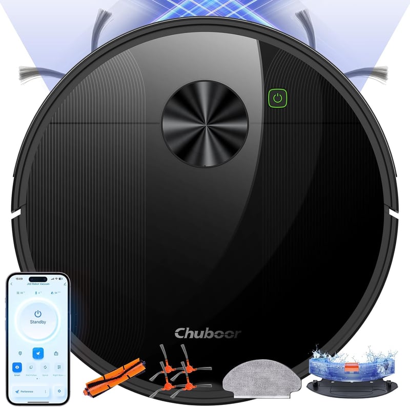 Chuboor Robotporszívó Felmosó Funkcióval, 3-in-1 Fekete, 6000Pa Szívóerő, WiFi App Vezérlés, Google Home Kompatibilis, 150 Perc Üzemidő