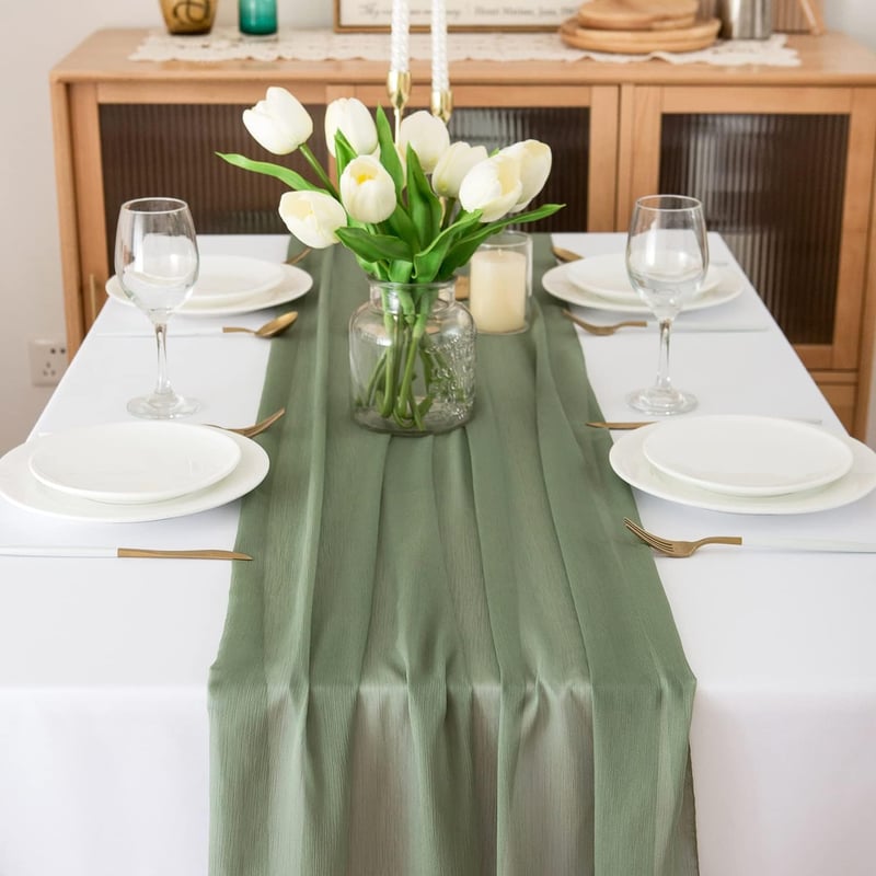 CHUQING Chiffon Asztalfutó Sage Green 70x300 cm Esküvői Dekoráció - 70 x 300 cm, Sage Green-t