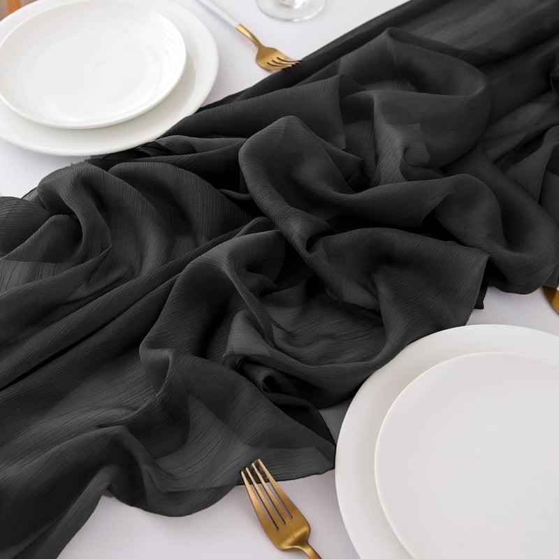 CHUQING Elegáns Fekete Sifon Asztali Futó - Art Deco Stílusú Asztalterítő, 70 x 300 cm, Mosógépben Mosható, Dekoratív Asztaldekoráció