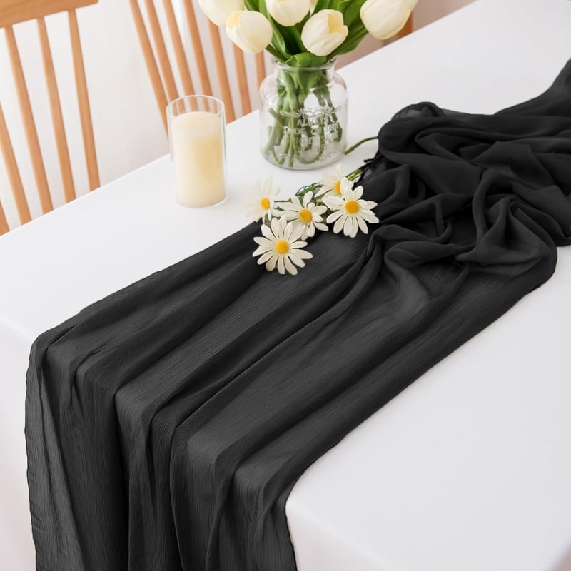 CHUQING Elegáns Fekete Sifon Asztali Futó - Art Deco Stílusú Asztalterítő, 70 x 300 cm, Mosógépben Mosható, Dekoratív Asztaldekoráció