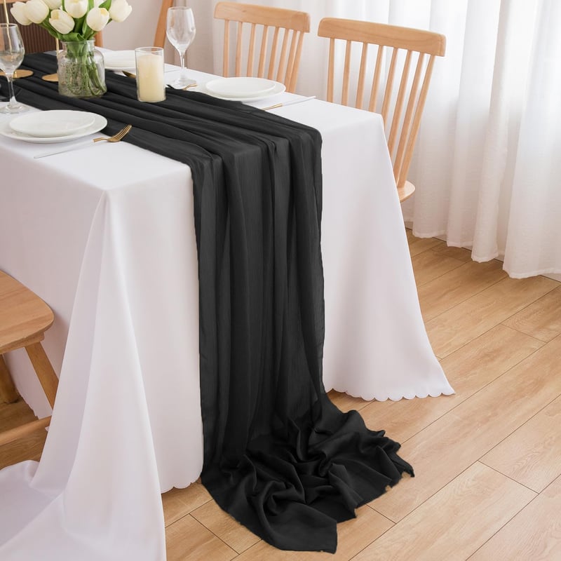 CHUQING Elegáns Fekete Sifon Asztali Futó - Art Deco Stílusú Asztalterítő, 70 x 300 cm, Mosógépben Mosható, Dekoratív Asztaldekoráció