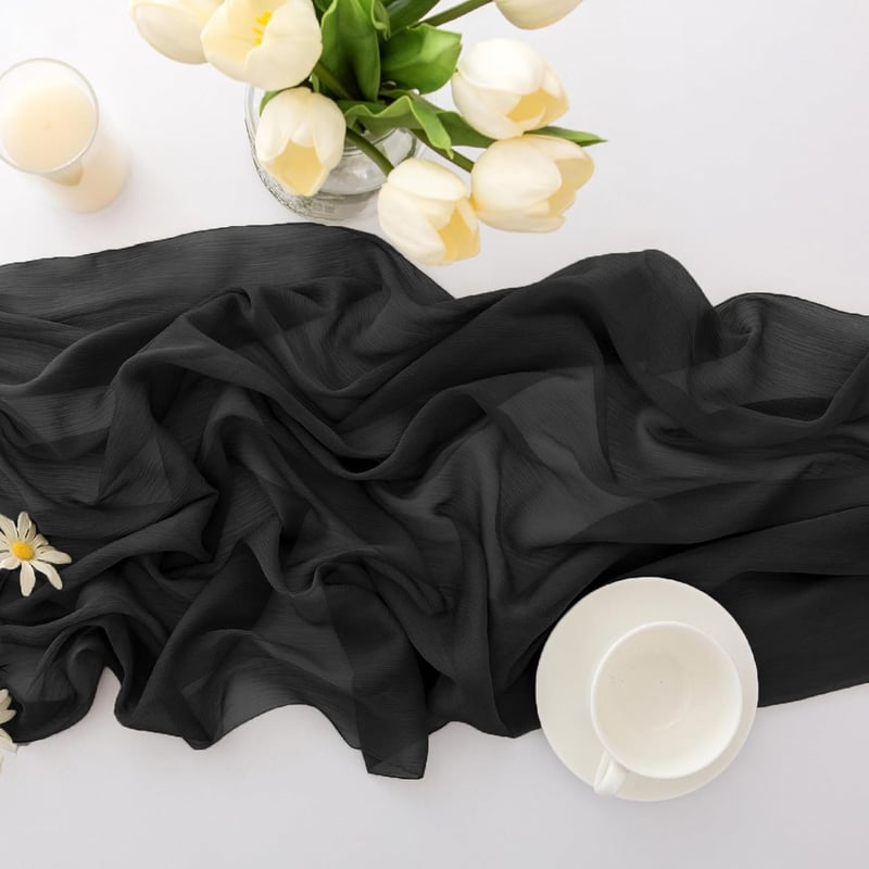 CHUQING Elegáns Fekete Sifon Asztali Futó - Art Deco Stílusú Asztalterítő, 70 x 300 cm, Mosógépben Mosható, Dekoratív Asztaldekoráció
