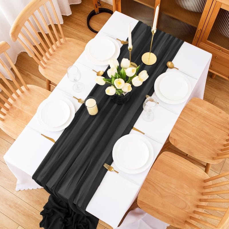 CHUQING Elegáns Fekete Sifon Asztali Futó - Art Deco Stílusú Asztalterítő, 70 x 300 cm, Mosógépben Mosható, Dekoratív Asztaldekoráció