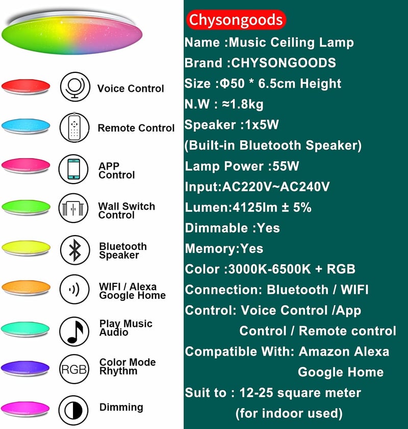 chysongoods 50 cm Csillagos Égbolt Mennyezeti Lámpa 1 db  Bluetooth Hangszóróval - RGB LED Színváltós, Fényerőszabályozható, Google Home Kompatibi