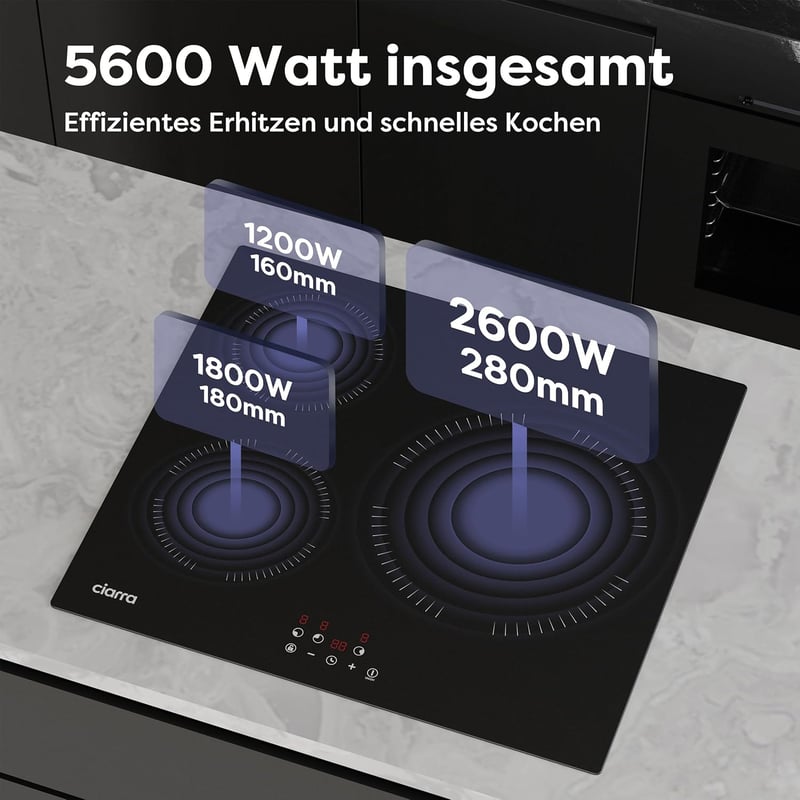 CIARRA beépíthető indukciós főzőlap 60 cm 3 zónás érintővezérléssel, 9 fokozat, gyerekzár, időzítő, automata lekapcsolás